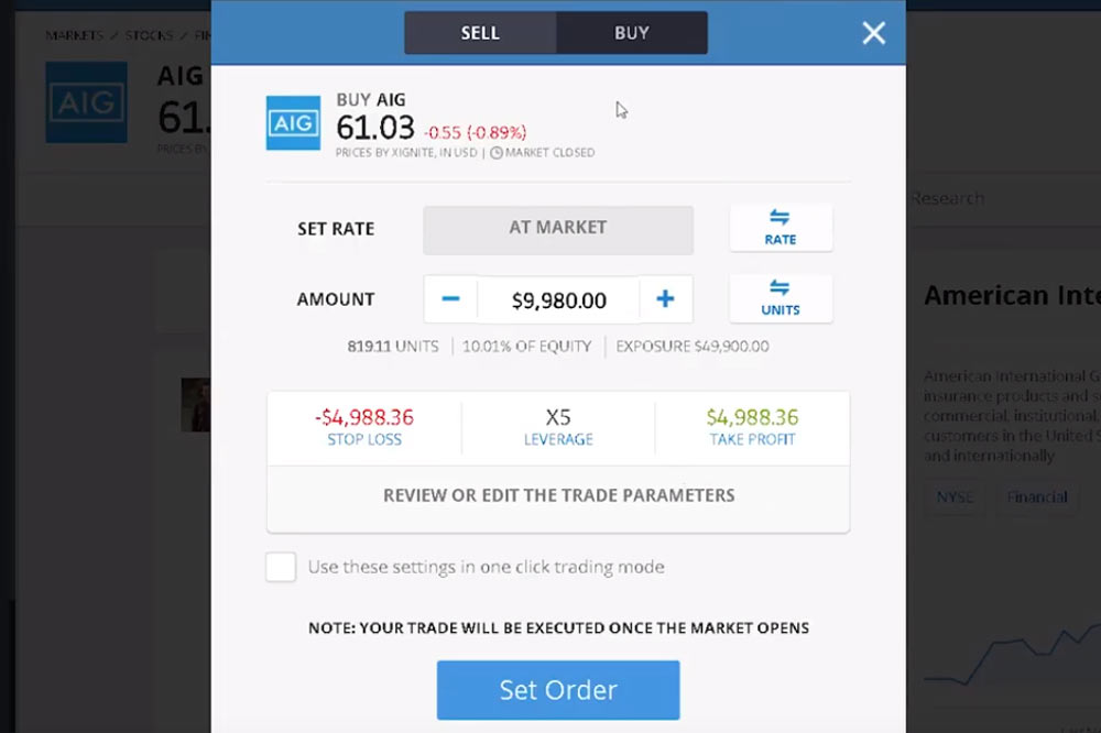 Image of eToro buy sell interface