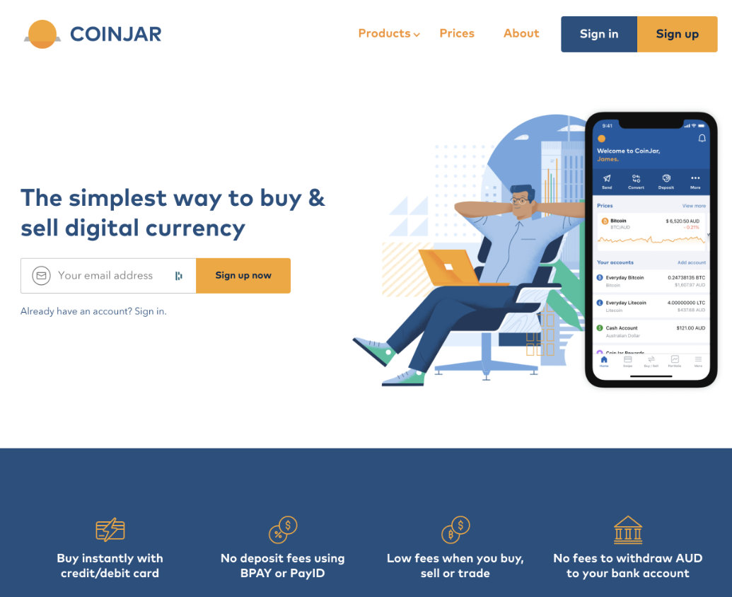 Screenshot of Coinjar home page