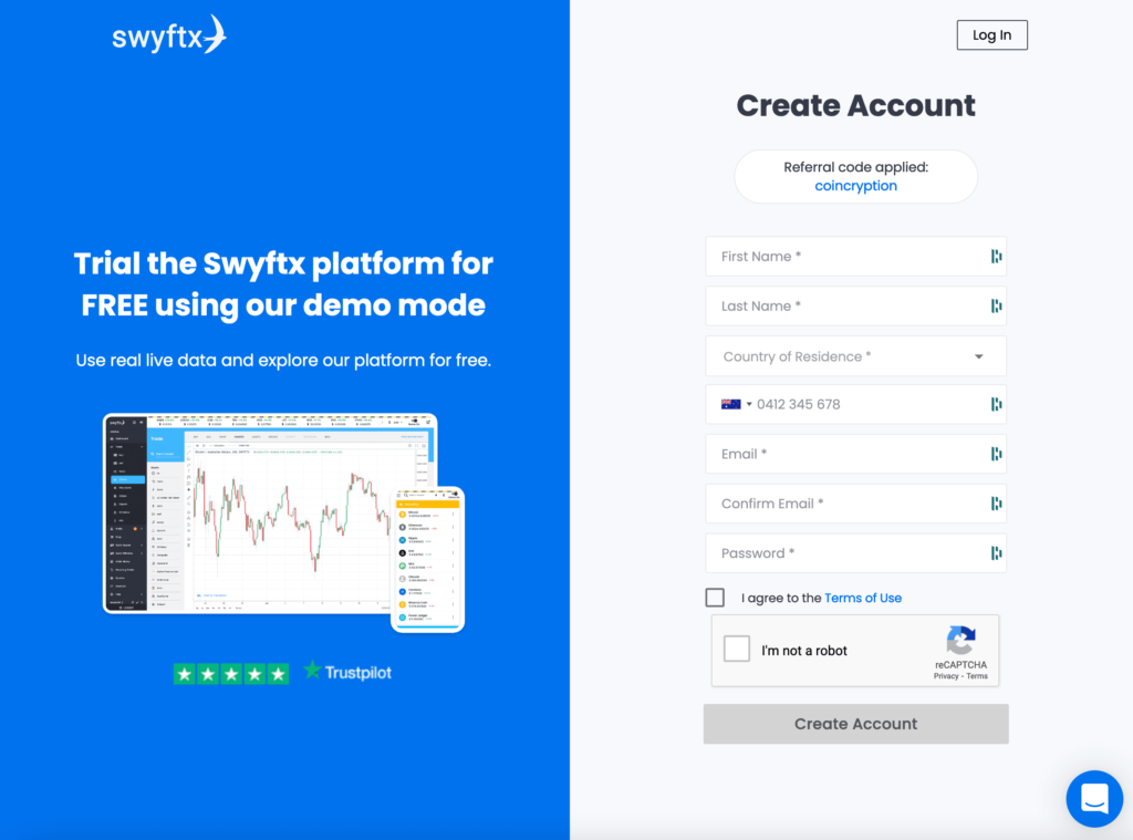 Screenshot of the Swyftx create account page