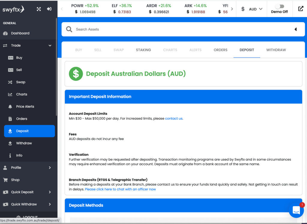 Screenshot of the Swyftx deposit AUD page