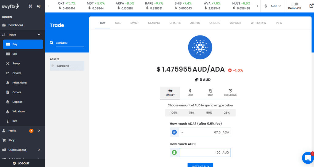 The Swyftx trading page showing how to buy Cardano in Australia
