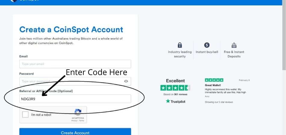 Screenshot of CoinSpot sign up page