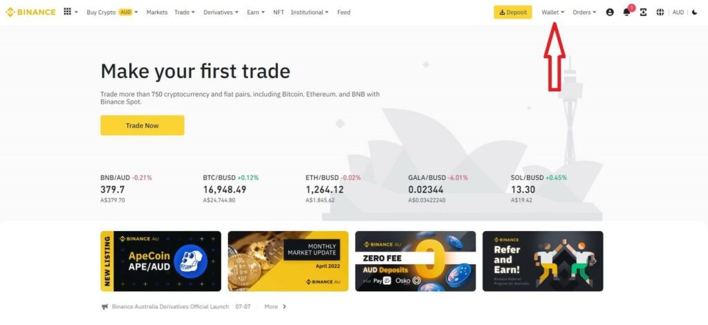 binance australia click on wallet to withdraw AUD