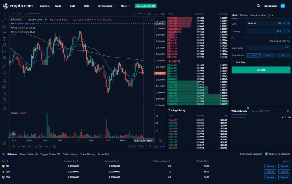 crypto.com spot trading interface