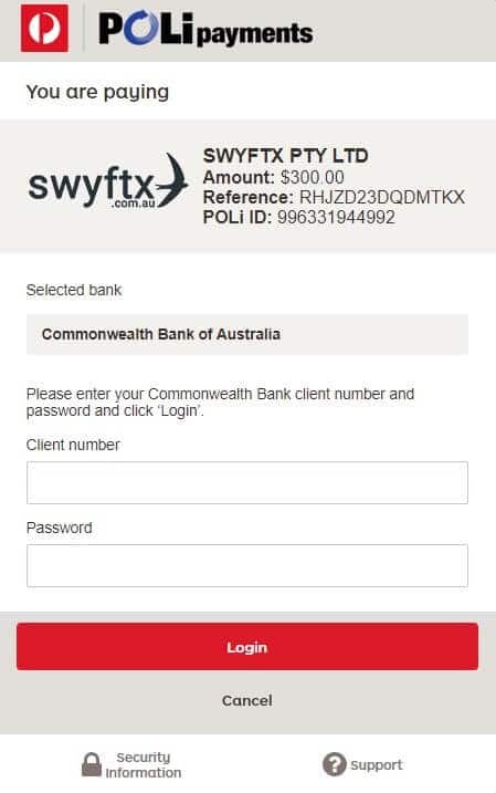 swyftx poli payment enter commbank details