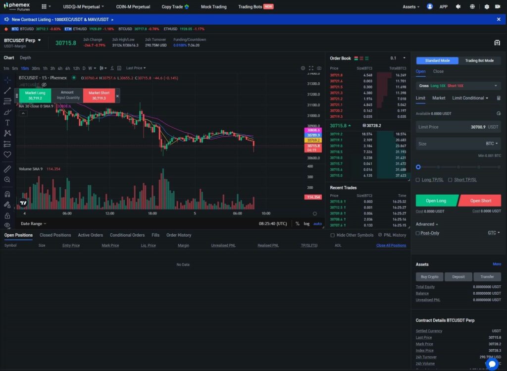 phemex contracts trading interface